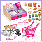Wooden Cash Register for Kids with Shopping Cart Rechargeable Kid Cash Register with Scanner Gift for Kids Age 3 4 5 6 7 8 9 Year Old Pretend Play for Toddlers Toys for 3-12 Year Old Girls
