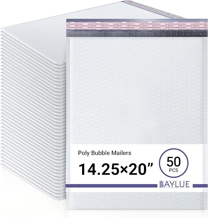 White Extra Large Poly Bubble Mailers 14.25x20 inch #7 | Self Seal Large Padded Envelopes | Air Cushioned Bubble Mailer | Usable Size 14.25x19 |Lightweight Mailing Shipping Bags | 50 Pack Bulk