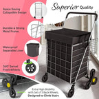 Stairs Climbing Shopping Cart w/Waterproof Basket Liner & 360° Swivel Wheels | Foldable Collapsible & Lightweight | Perfect for Groceries Laundry Utility Cart - Silver