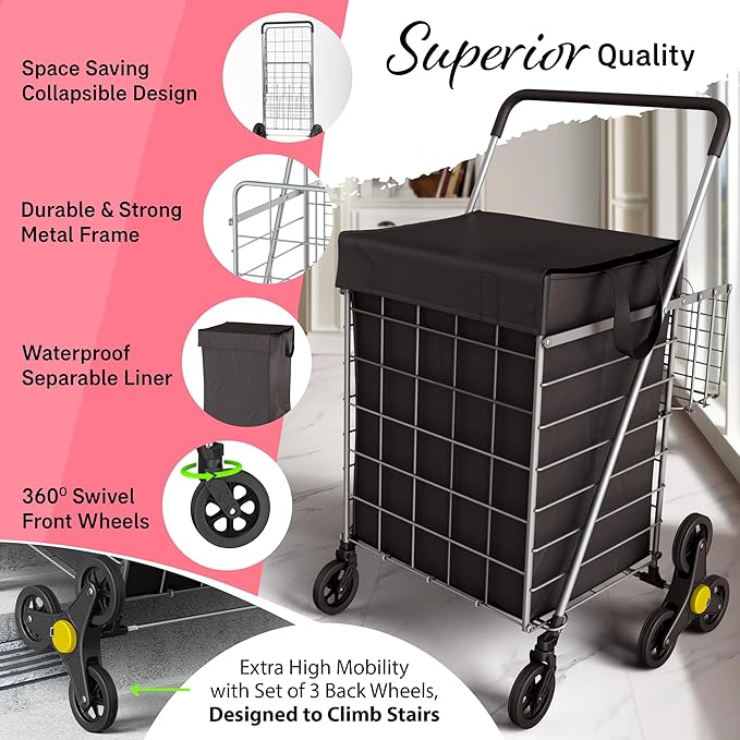 Stairs Climbing Shopping Cart w/Waterproof Basket Liner & 360° Swivel Wheels | Foldable Collapsible & Lightweight | Perfect for Groceries Laundry Utility Cart - Silver
