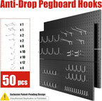 Peg Board 8 Pack Metal Pegboard Panels with 50 Hooks, Heavy Duty Pegboard Wall Organizer, Black Pegboards for Workbench, Garage Tool Storage, Office Organization, Kitchen, Craft Room