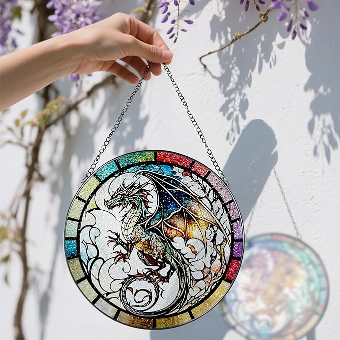 8 Inch Stained Glass Suncatcher Ornament, DOUHASU Dragon Sun Catchers Indoor Window, Stained Glass Window Hanging, Home Decor, Dragon Lovers Gifts for Men, Dad, Husband, Boyfriend