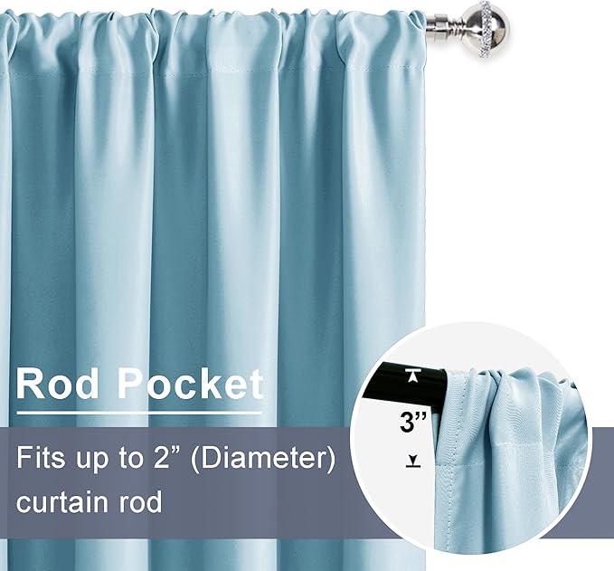 JIUZHEN Blackout Curtains for Bedroom– Thermal Insulated,Noise Reducing Room Darkening Privacy Drapes for Living Room, Set of 2 Panels with Tiebacks, 42 x 72 inch Long, Light Blue