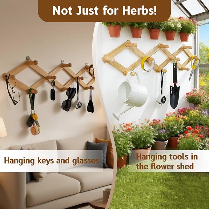 Rustic Adjustable Hanging Herb Drying Rack-Holds 10 Bouquets, Space-Saving Herb Flower Dryer with Adhesive Wall Hooks for Herb Display Rack,Kitchen Wall Décor-Unusual Gifts for Gardener Woman