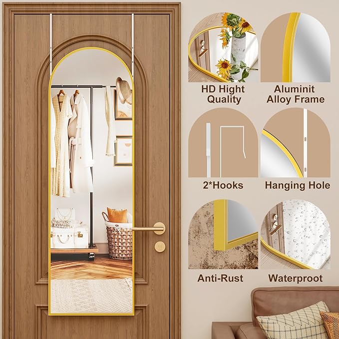 Full Length Door Mirror, Wall Mounted Wall Mirrors, 50"X16" Arched Behind Door Mirror for Use in Living Rooms, Rooms, Bedrooms, Cloakrooms, etc. Durable & Stylish Home Decor (Gold).