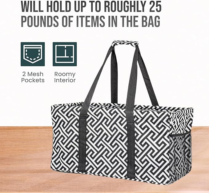 Extra Large Utility Tote Bag - Oversized Collapsible Reusable Wire Frame Rectangular Canvas Basket With Two Exterior Pockets For Beach, Pool, Laundry, Car Trunk, Storage - Geo Navy Blue
