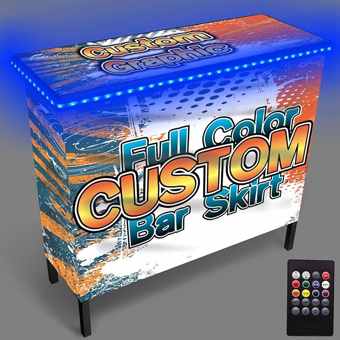 PartyLife New & Improved Portable Bar Table w/LED Lights, Wireless Remote, Folding Legs, 2 Bar Skirts, Heavy-Duty Storage Shelf & Carrying Case - Custom