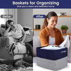 Shelf Woven Storage Basket, 15 x 10 x 9” Closet Rope Baskets For Organizing, Square Bins with Handles, Grey+Blue