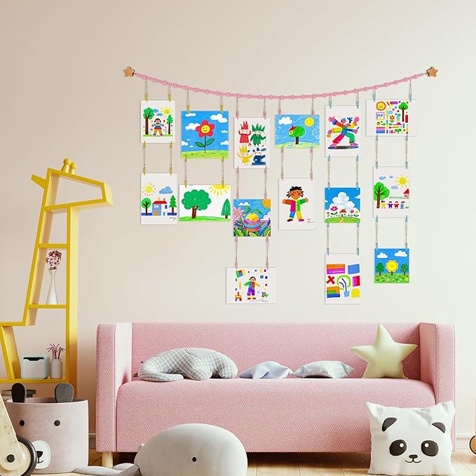 KOLLIEE Kids Artwork Display Art Wall Decor 4.93ft Boho Wooden Beaded Garland Collage Holder with Hanging Rings Wooden Stars Hook 40 Wood Clips for Kids Artwork Photo Room Bedroom Decor Pink