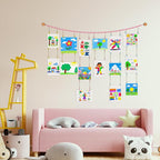 KOLLIEE Kids Artwork Display Art Wall Decor 4.93ft Boho Wooden Beaded Garland Collage Holder with Hanging Rings Wooden Stars Hook 40 Wood Clips for Kids Artwork Photo Room Bedroom Decor Pink