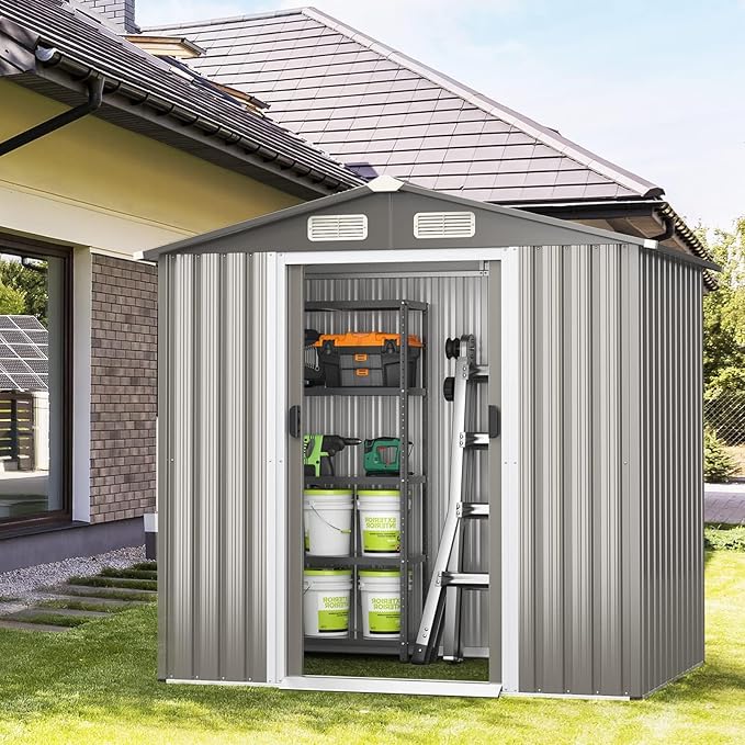 HAPPYGRILL 6 x 4 ft Outdoor Metal Storage Shed, Galvanized Steel Shed with Tilted Roof, Lockable Sliding Doors & 4 Air Vents, Utility Shed for Backyard Garden Patio Lawn