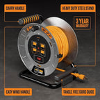 Masterplug 50ft Cord Reel, Metal Steel Cable Drum, Retractable Extension Lead with Winding Handle, Safety Overload Circuit Breaker and Power Switch, 4x Grounded Outlets, 15amps, 12AWG Cable