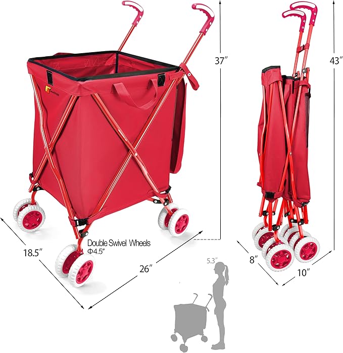 Wellmax WM99100 Series Folding Shopping Cart with Wheels, Grocery Cart with Removable Canvas with Cover, Lightweight Utility Cart for Groceries and Laundry - Holds up to 120 lbs (Red)