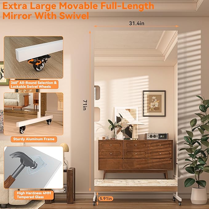 Hasipu Home Gym Mirror 360° Swivel on Wheels, 71" x 32" Extra Large Full Body Rolling Mirror for Yoga Studio, Bedroom, Dancing Studio, White