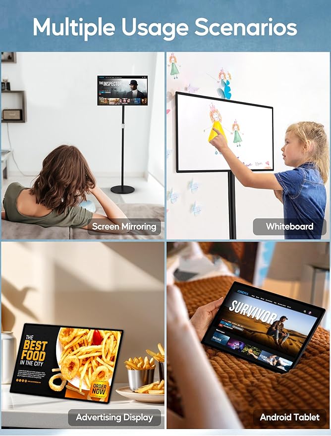 15.6" Digital Signage with Battery, Capacitive Touchscreen Advertising Display, Commercial LCD Monitor with Stand, Auto Play, Wireless Screen Mirroring, 2+32GB, Black