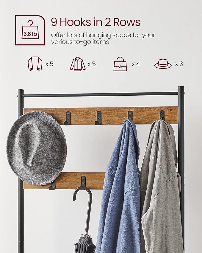 VASAGLE Coat Rack, Hall Tree with Shoe Storage Bench, Entryway Bench with Shoe Storage, 3-in-1, Steel Frame, for Entryway, 12.6 x 27.6 x 68.9 Inches, Industrial, Rustic Walnut and Black UHSR041B41