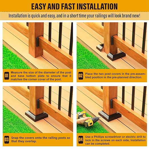 4.0"x4.0"（Actual: 4.0"x4.0"） Deck Post Base Cover Decorative Post Base Trim Skirt Black Aluminum 8Pack
