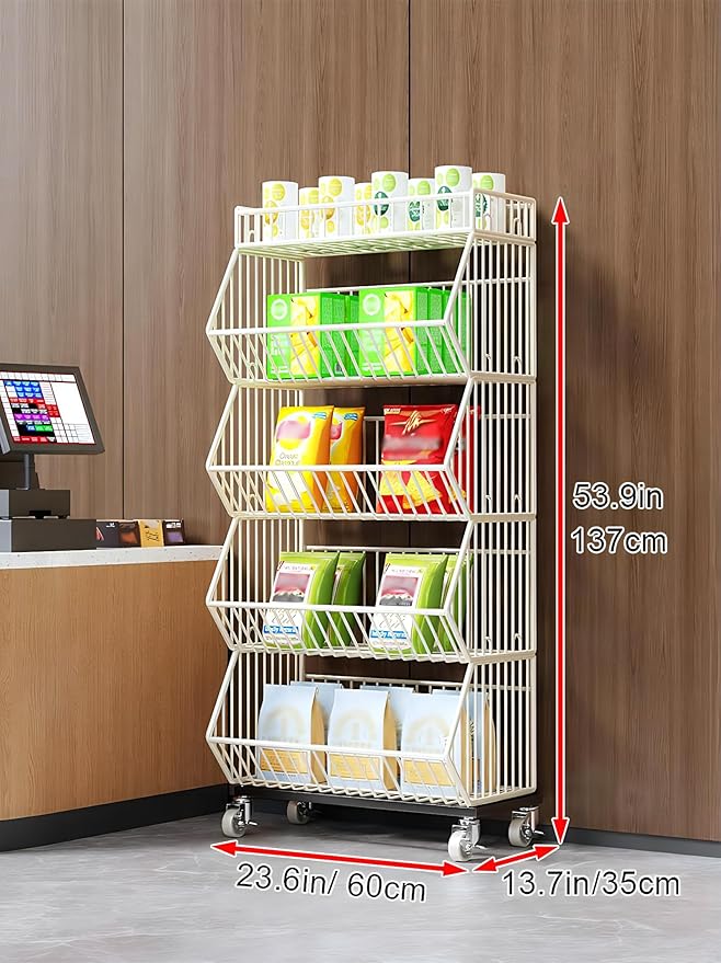 Commercial Metal Storage Rack with Wheels, 4-Tier Display Shelf for Retail Store, White (White, 23.6 x 13.7 x53.9inch)