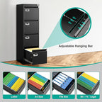 SISESOL 4 Drawer File Cabinet with Lock and Tag,Black Vertical File Cabinet,Narrow Locking Filing Cabinets with Drawers,Metal Filing Storage for Home Office Fit A4 Legal/Letter Size