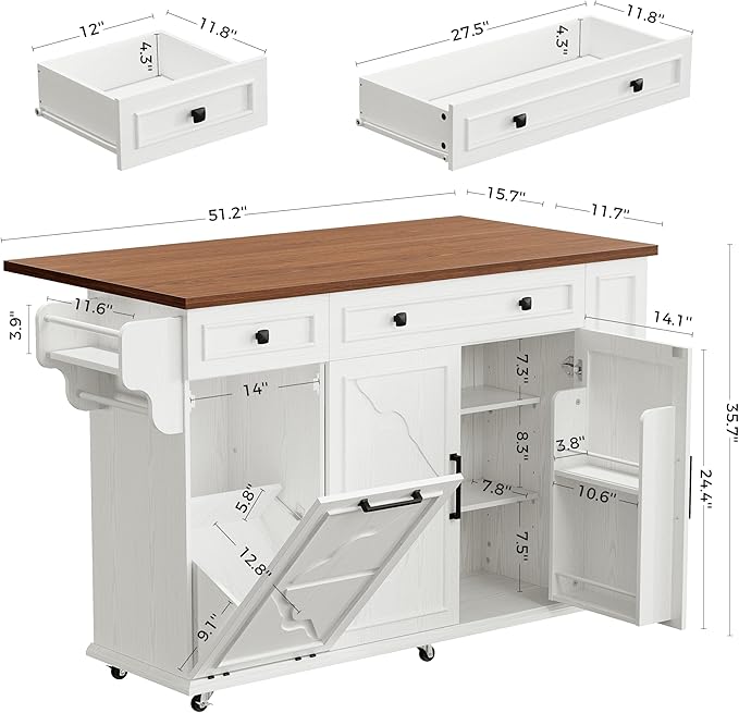 IRONCK Kitchen Island with Storage, Rolling Island Table on Wheels with Drop Leaf, Charging Station and Trash Can Storage, Portable Islands Table with Open Spice Rack and Drawer for Living Room, White