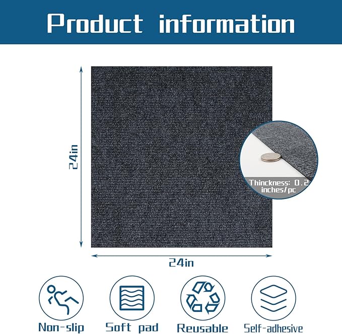 Peel and Stick Carpet Squares 24" x 24", Self Adhesive Non-Slip Carpet Tiles, Peel and Stick Soft Padded Carpet Tiles for Kitchen Bedrooms Indoor Outdoor(20 Tiles/80 sq ft)