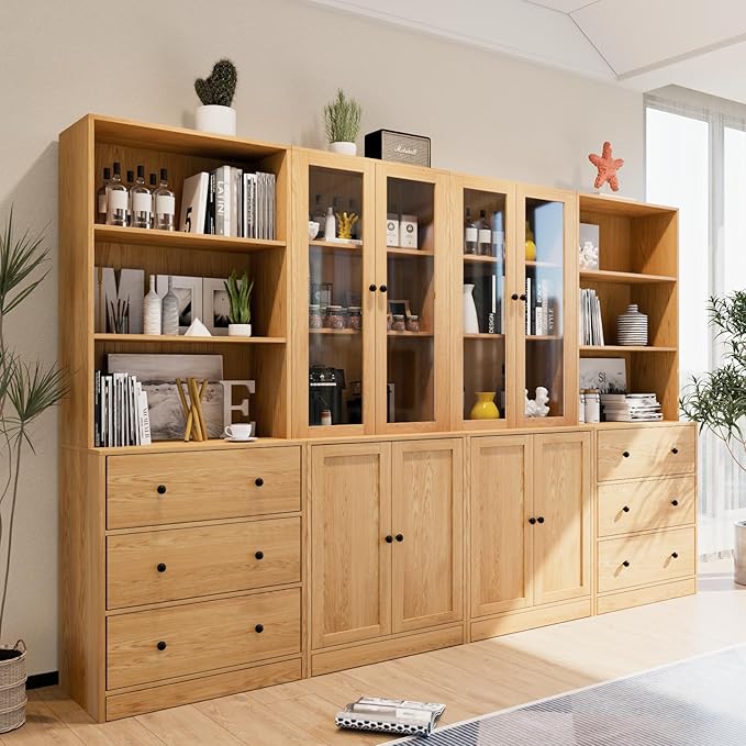 TUSY 71" H Bookshelf Bookcase with Doors, 3-Tier Modern Bookshelves with 3 Large Drawer, Display Bookcase with Glass Doors, Modern 5-Tier Curio Cabinet for Home Office, Dining Room (Wood, ABBA)