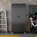 Garage Storage Cabinet with Wheels & Pegboard, Lockable Metal Storage Cabinet with Doors and 5 Adjustable Shelves for Garage Workshop Home, Assembly Required, Black, 71" H×34" W×18" D