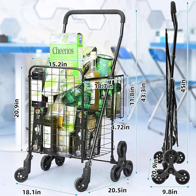 Folding Shopping Cart, Heavy-Duty Stair-Climbing Grocery Cart with 360° Swivel Wheels - Extended Foam Handle - Utility Trolley for Laundry, Travel, Shopping