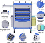 Medication Bins Cart with 200 Bins, 10 Drawers, Hidden Sub Workbench - Dual-Sided Open, 50 Medicine Boxes, Silent Casters, Container, 2 Trash Bin-Medical Crash Cart for Clinic, Hospital and Lab