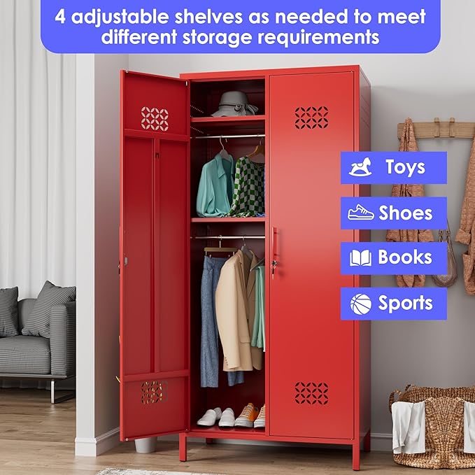 Aobabo Metal Wardrobe Cabinets with Lock, 2 Door Metal Closet wtih 4 Adjustable Shelves and 2 Hannging Rod, Lockable Locker Cabinet, Storage Locker for Home, Office,Red, Assembly Required