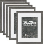 VCK 16x20 Picture Frame 5 Pack - Grey, High-End Wood Poster Frames with Tempered Glass, Display 11x14 Photo with Mat or 16x20 without Mat, Art Gallery-Quality, Wall Hanging, Grey