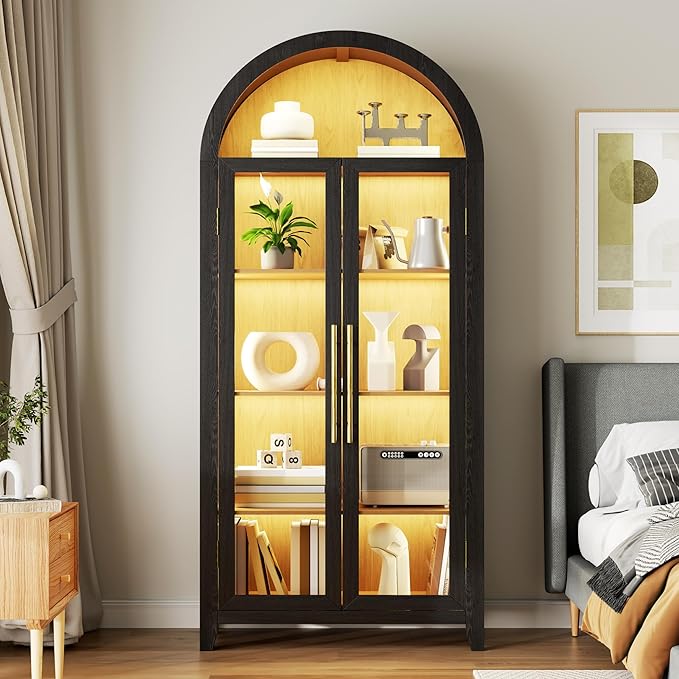 Vlsrka 71" Arched Display Cabinet with Glass Doors, Curio Cabinet with LED Light & Human Sensor, 5-Tier Display Cases for Collectibles, Storage Cabinet with Ajustable Shelf for Living Room(Black+Wood)