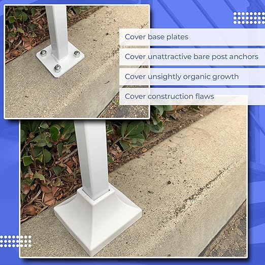 Deck Post Base Cover – Durable, Snap-Together Shoe Base Instantly Transforms Hand & Stair Rail Feet – Porch, Stair & Deck Base Brackets Covers – UV-Resistant ABS Plastic (White)