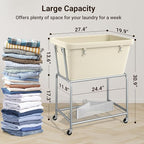 ELYKEN Laundry Cart with Wheels, Rolling Laundry Hamper with Removable Bag and Shelf, Metal Frame Laundry Basket with 4 Casters and 2 Brakes, Ideal for Bedroom, Bathroom, Laundry Room, Cream
