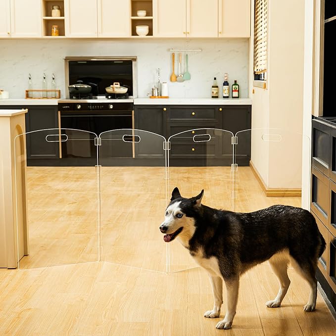 Modern Frame Clear Acrylic Freestanding Dog Gate - 32" Tall Extra-Wide Folding 4-Panel Pet Barrier for Doorways, Stairs & Large Openings, Indoor Fence for Small to Large Dogs & Cats