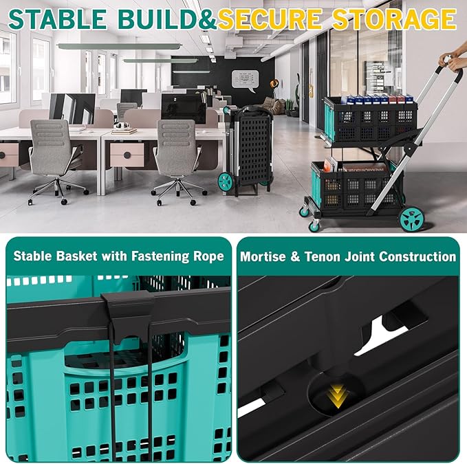 Beyond Collapsible Shopping Cart on Wheels, Shopping Cart with 2 Storage Crates, 2-Tier Multi Functional Utility Cart for Grocery/Warehouse/Office/Supermarket - Blue