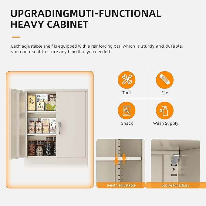 INTERGREAT Metal Garage Storage Cabinet, 36" Lockable Storage Cabinet with 2 Doors and 2 Adjustable Shelves, Steel Cream Grey File Cabinet Great for Home Office, Garage, Warehouse, Study Room