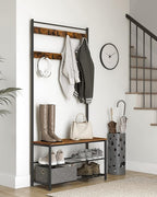VASAGLE Coat Rack, Hall Tree with Shoe Storage Bench, Entryway Bench with Shoe Storage, 3-in-1, Steel Frame, for Entryway, 12.6 x 33.5 x 68.9 Inches, Industrial, Rustic Brown and Black UHSR401B01