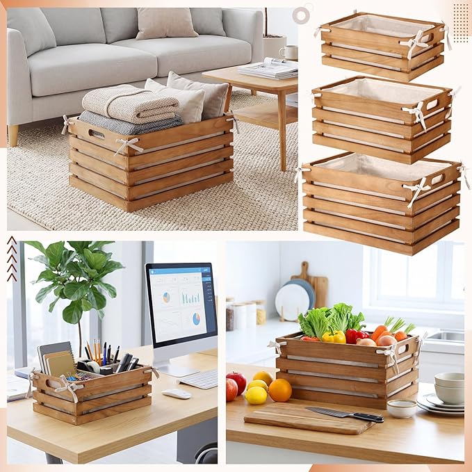3 Pack Wooden Crates with Liner, Multiple Sizes Wood Crates Decorative Storage Baskets Rustic & Farmhouse Decor for Display Home Pantry Bathroom Cabinets Kitchen Laundry Room Organizing