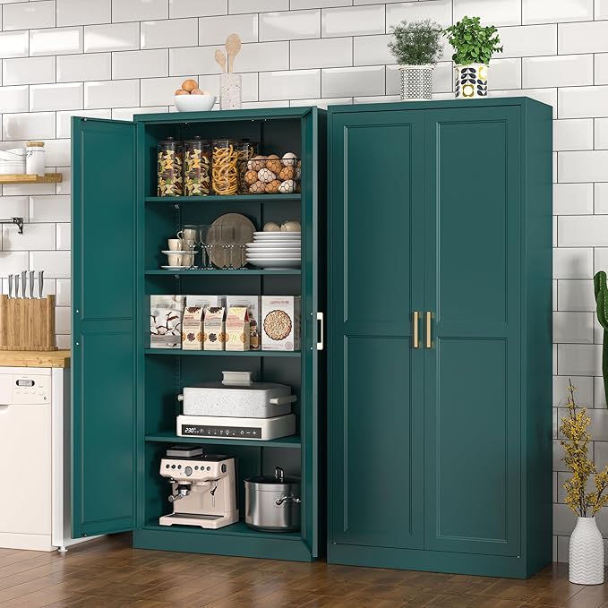 Kitchen Pantry Cabinet, 71 Inch Tall Metal Pantry Cabinet with Doors and Adjustable Shelves, Freestanding Food Cupboard, Storage Cabinets for Dining, Living Room, Green-Teal, Assemble Required