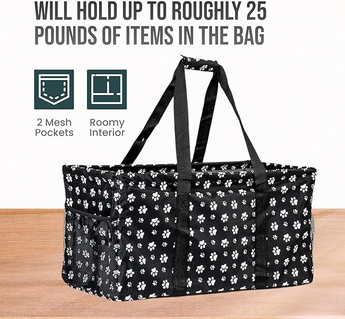 Extra Large Utility Tote Bag - Oversized Collapsible Reusable Wire Frame Rectangular Canvas Basket With Two Exterior Pockets For Beach, Pool, Laundry, Car Trunk, Storage - Dog Paw