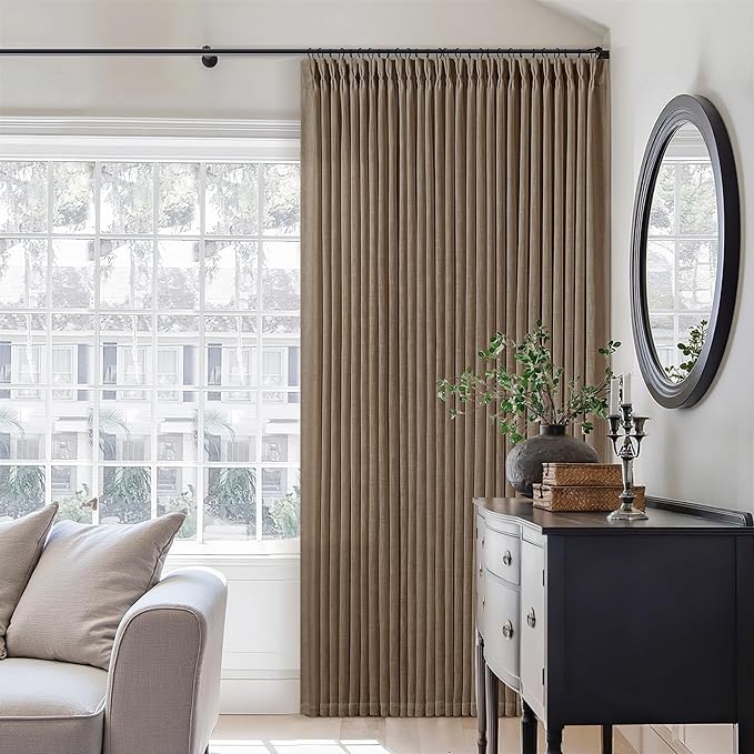 Brown Pinch Pleated Linen Curtains 84 Inches Long 2 Panels Set for Living Room Dining Pinch Pleat Back Tab Light Filtering Boho Farmhouse Bedroom Window Curtain Drapes 84 Inch Length Dutch Cocoa