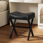 18-Inch Leather Vanity Stool Chair, Vanity Bench with Metal X-Leg, Ottoman Accent Stool with Thick Padded Saddle Seat, Black