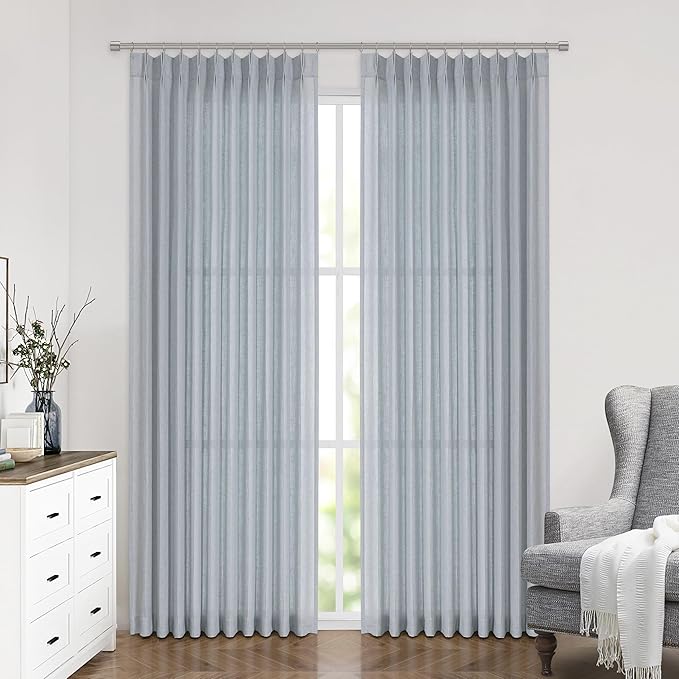Vision Home Blue Fog Pinch Pleated Semi Sheer Curtains Textured Linen Blended Light Filtering Window Curtains 112 inch for Living Room Bedroom Patio Pinch Pleat Drapes with Hooks 1 Panel 60" Wx112 L