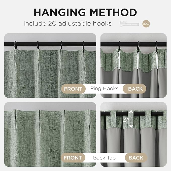 Joydeco Pinch Pleated Curtains - 100% Blackout for Bedroom, Sage Green Linen Curtains 40" W x 108" L, Thermal Insulated 2 Panels Light Blocking Drapes, Back Tabs for Living Room