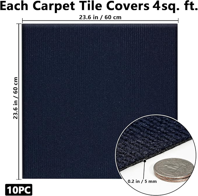 Carpet Tiles Peel and Stick, Self Adhesive Carpet Floor Tile 24" x 24", Dark Blue Soft Padded Flooring Sticker, Home Decor for Bedroom Living Room Office, 10 Tiles per Box