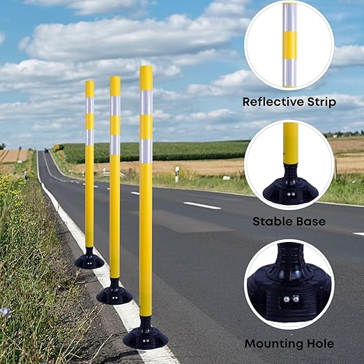 8 Pack Traffic Delineator Posts – High Visibility Reflective Safety Cones with Spring Base for Roadway, Parking, Garage, Construction Zones (Yellow, 48 Inch)