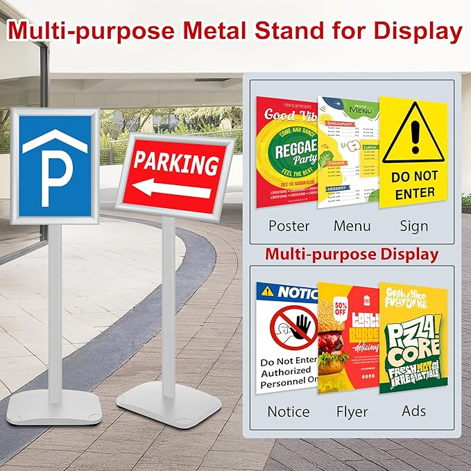 Heavy Duty Standing Sign Holder 8.5x11 Inch - Pedestal Floor Sign Stand with Weighted Base - Vertical & Horizontal View Poster/Menu Holder for Indoor/Outdoor Business Store Advertising, Silver