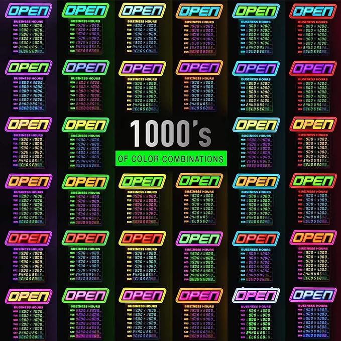Super‑Bright LED Open Sign with Business Hours – Programmable App, 1000s of Color Combos, Neon Flash/Scroll Modes, Energy-Efficient Indoor Wall-Mount (15×16.5 in)