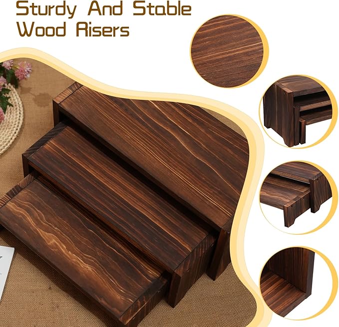 3-Tier Wooden Cupcake Stand & Display Risers, for Food Desserts & More, Sturdy & Reusable